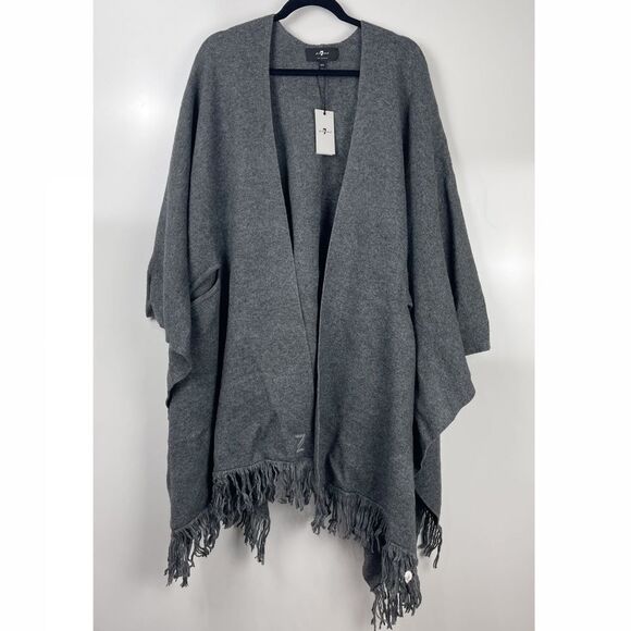 NEW 7 For All Mankind Dark Grey Cashmere Wool Blend Fringe Poncho Wrap OS - Picture 2 of 11